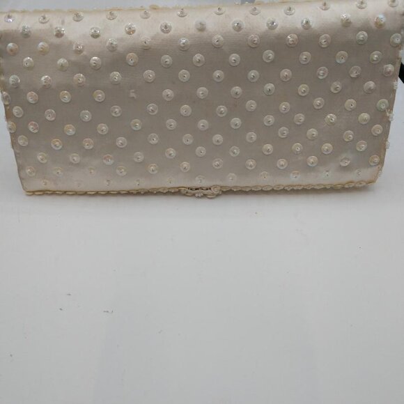 Vintage 60s Clutch/Purse Opalescent Beaded Sequin White Satin Handbag - Picture 3 of 6